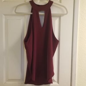 Burgundy Keyhold High Neck Sleeveless AGACI Blouse
